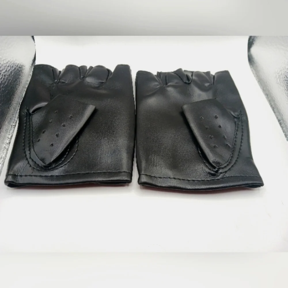 Black Faux Leather Studded + Black Cotton Fingerless Gloves Unisex -New